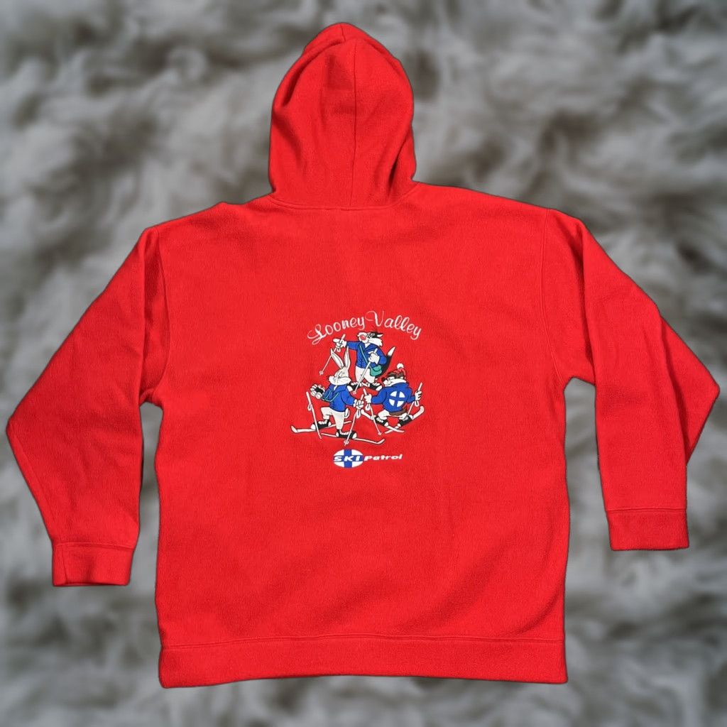 VINTAGE 1994 Looney Tunes Ski Patrol Hoodie Mens Large Red Fleece Pullover VTG 90s Acme Pattern Solid Embroidery