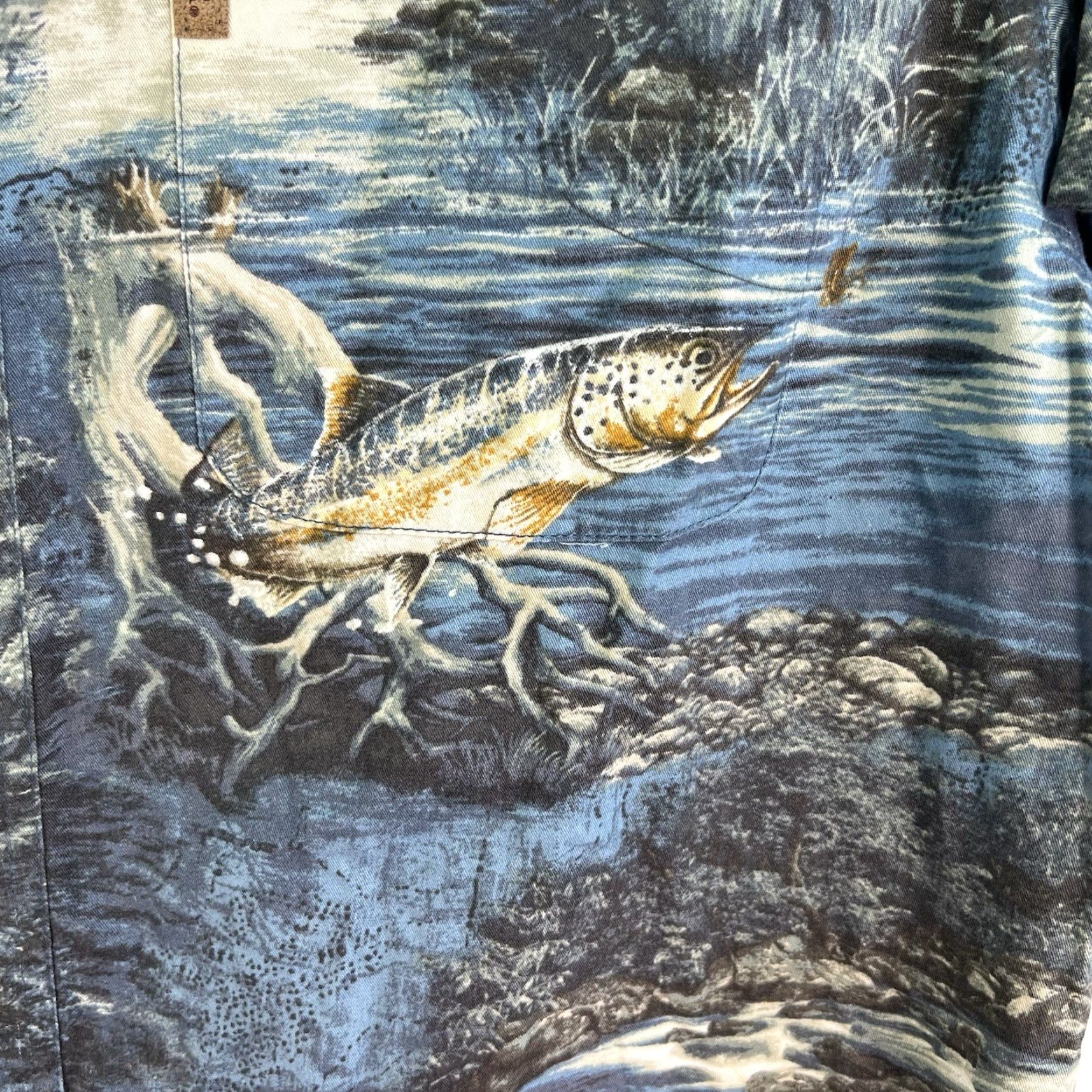 Vintage North River Shirt Men’s M Blue AOP Short Sleeve Graphic Print Fisherman Casual Button-Up 90s Theme Mens Size US M / EU 48-50 / 2 - 2 Thumbnail