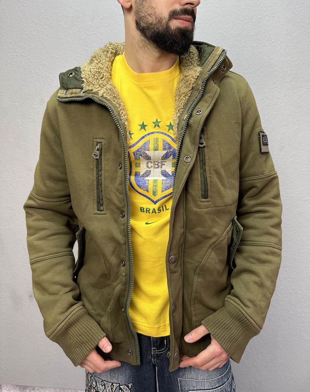 image of Diesel Y2K Archival Jacket Khaki Hooded Sherpa Faded, Men's (Size Large)