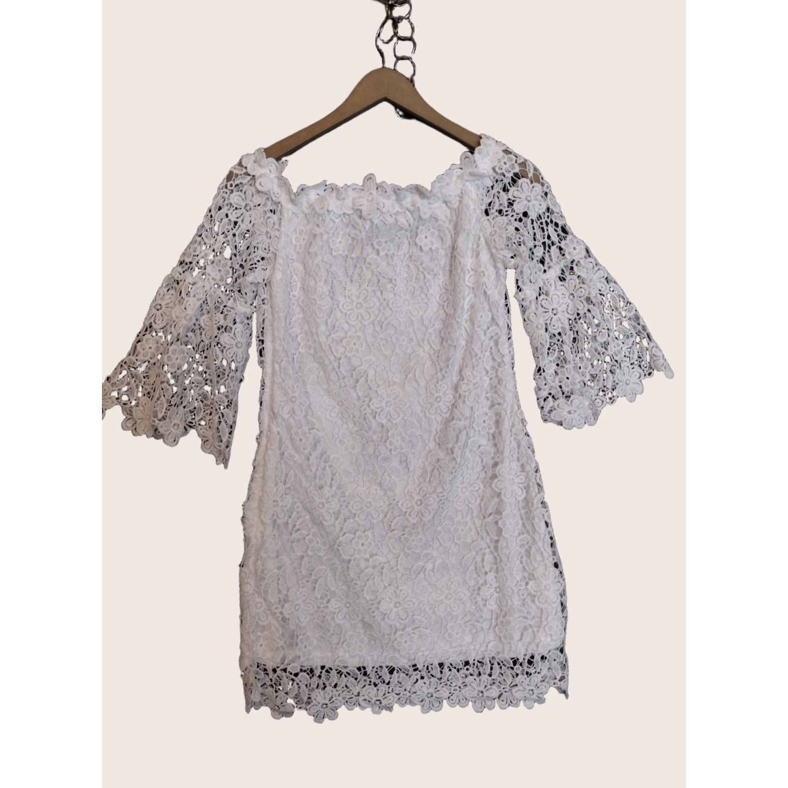 Vintage Auxo White Off Shoulder Floral Lace Short Dress 3/4 Sleeve M Womens Dress Floral Pattern Summer Spring Size 32" / US 10 / IT 46 - 1 Thumbnail