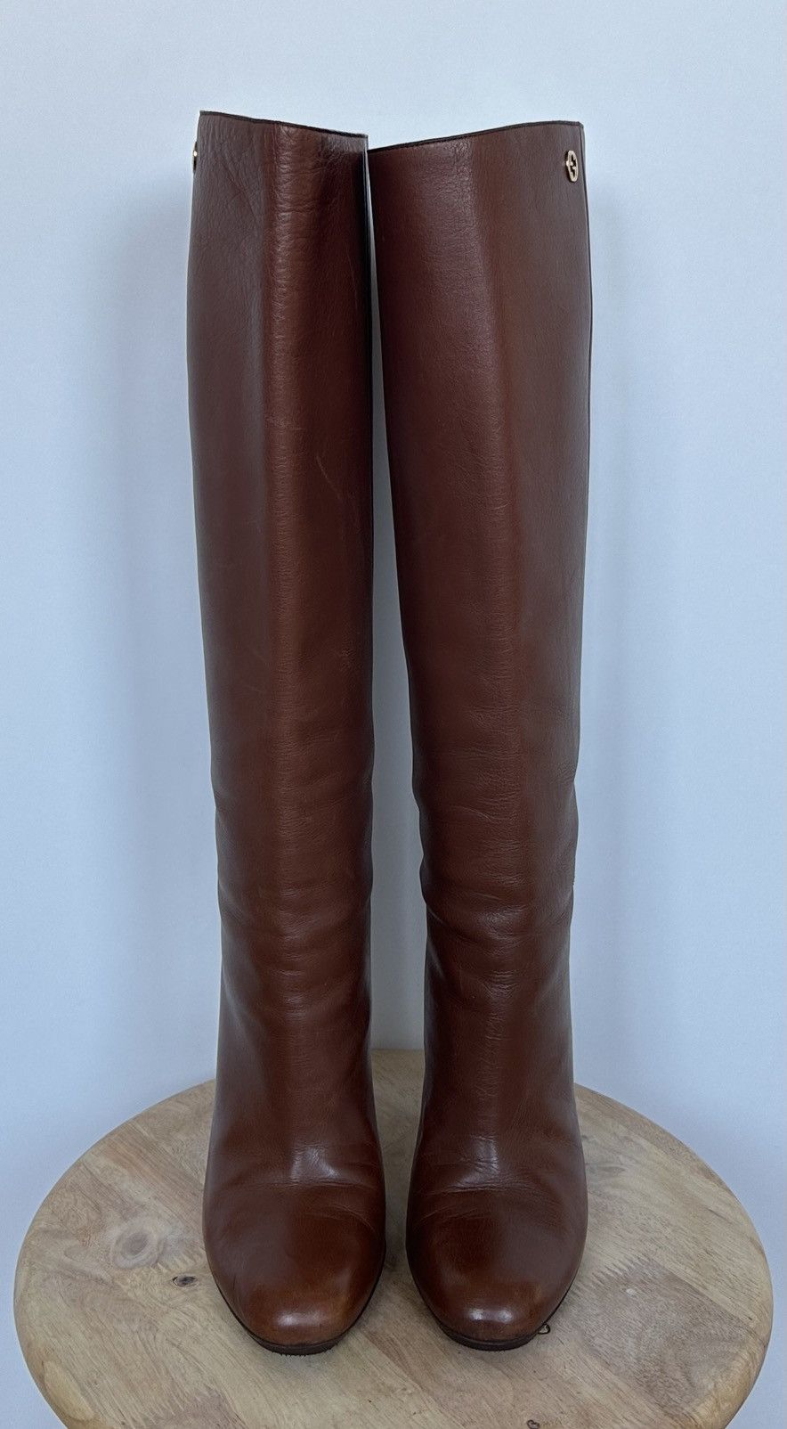 Gucci Gucci Brown Leather Knee High Heeled Boots Metal Logo GG Size US 7 / IT 37 - 3 Thumbnail