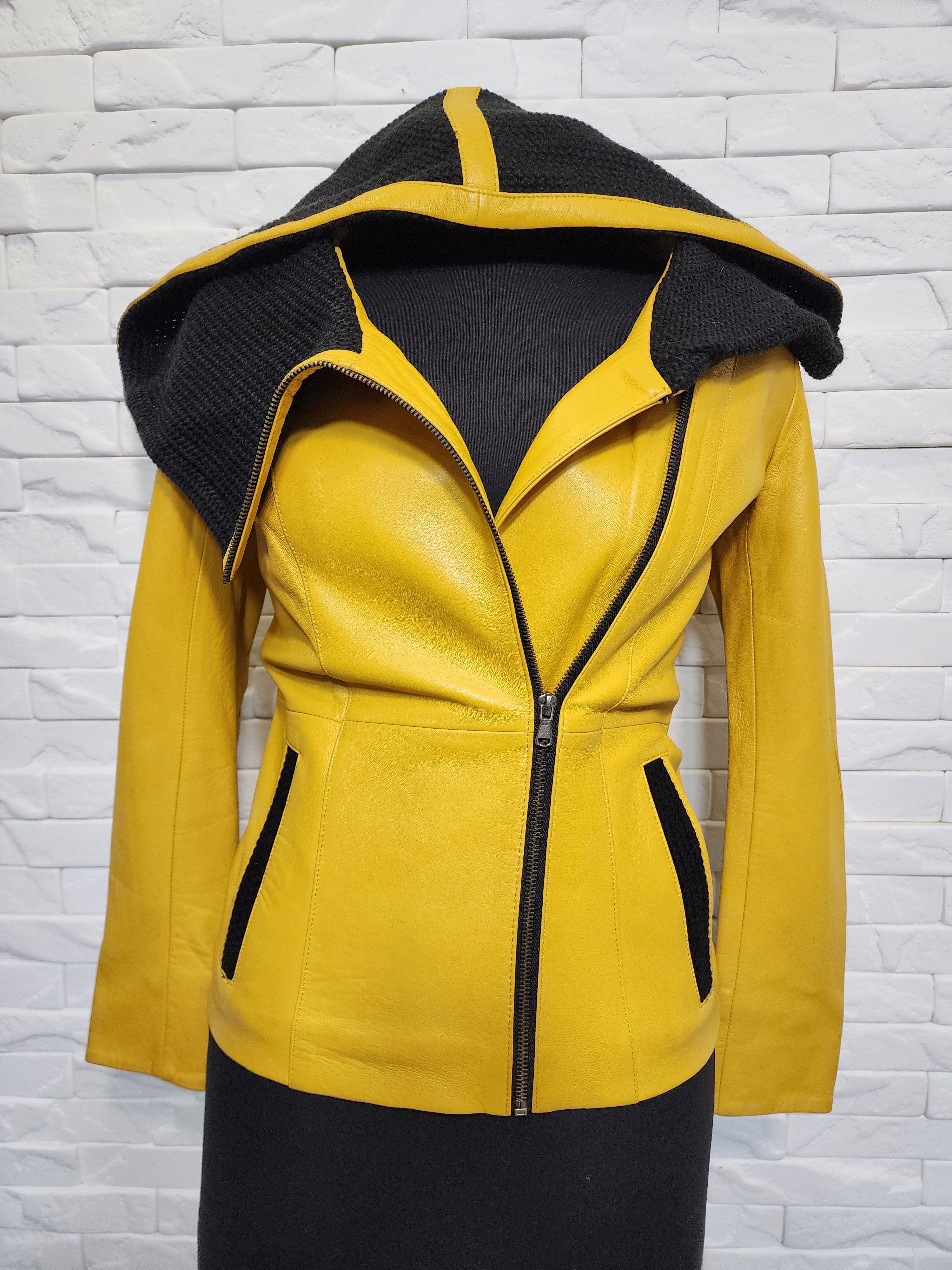 Genuine Leather Yellow Leather Hooded Jacket: Women's Sport Coat Size M / US 6-8 / IT 42-44 - 1 Thumbnail