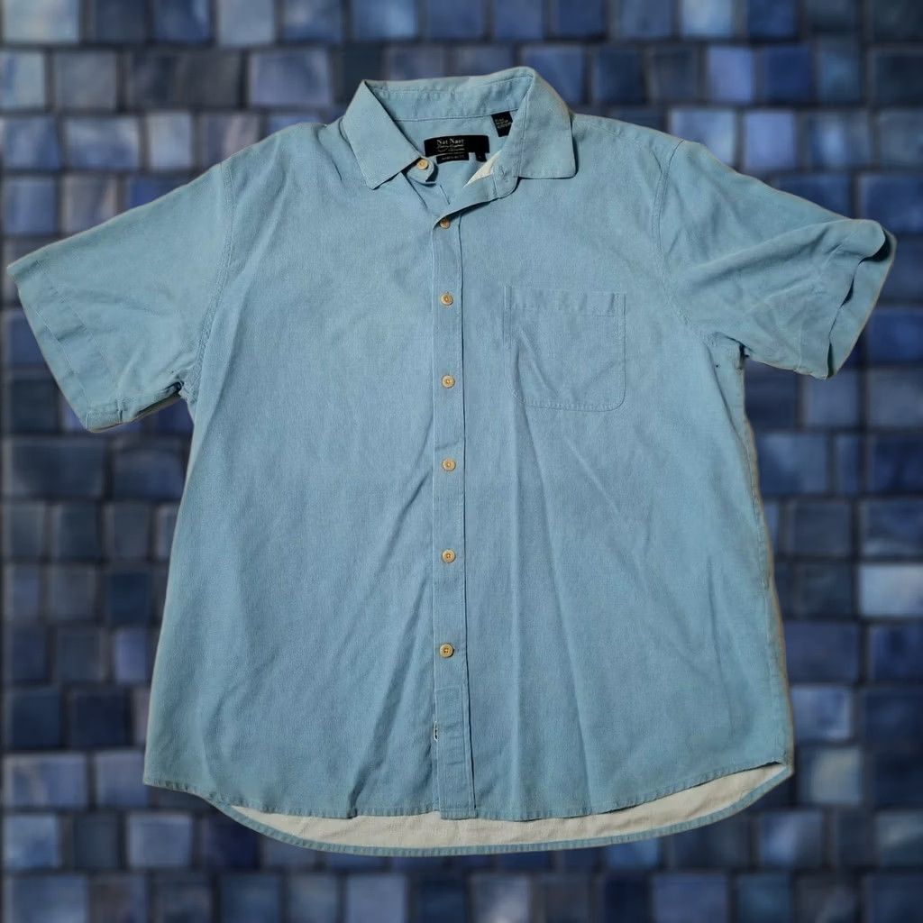 Nat Nast Nat Nast Mens L Silk Cotton Blend Button Front Shirt Blue Breathable Flaws Size US L / EU 52-54 / 3 - 1 Thumbnail