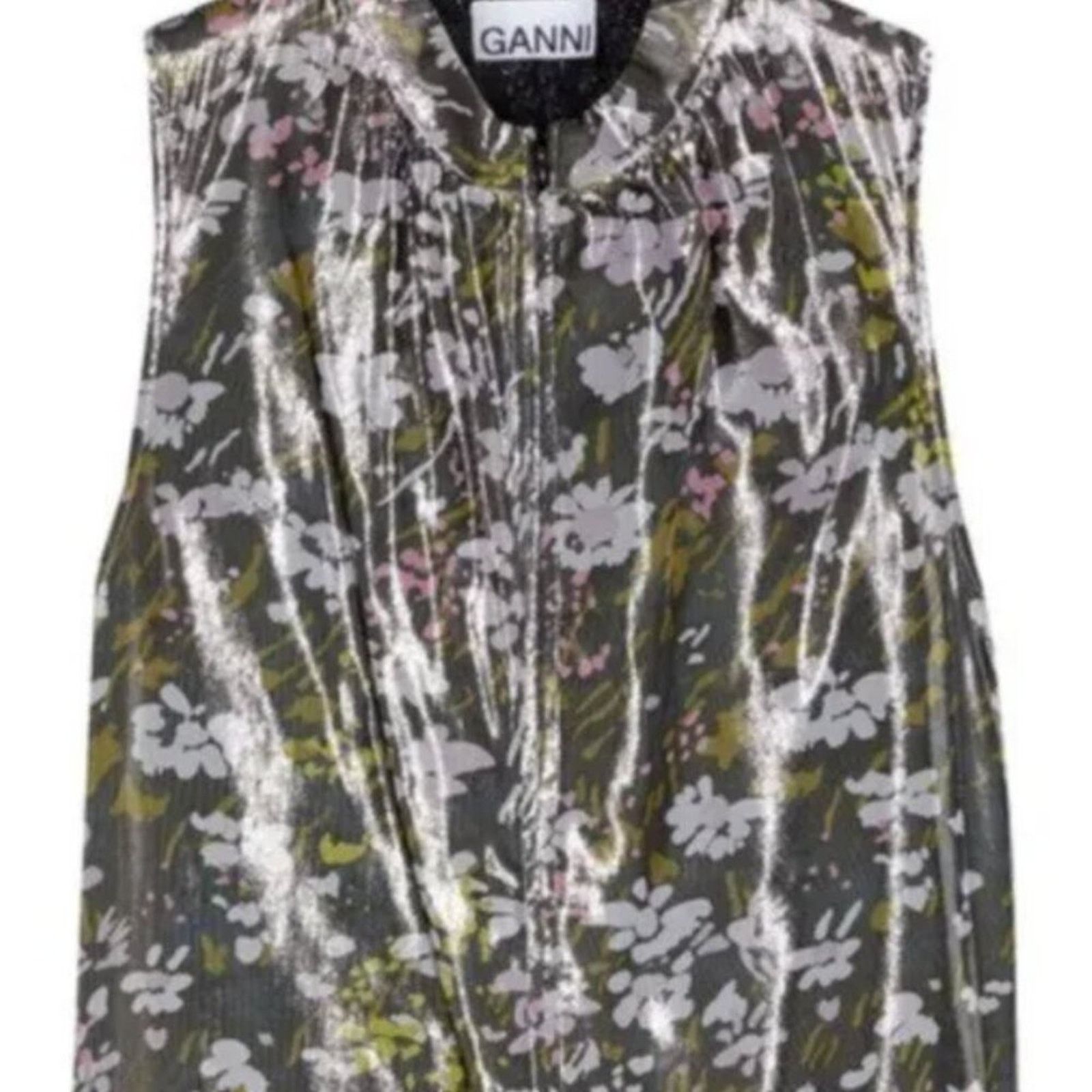 Ganni Ganni Floral print silk blend Metallic top Olive Green Size S / US 4 / IT 40 - 6 Thumbnail