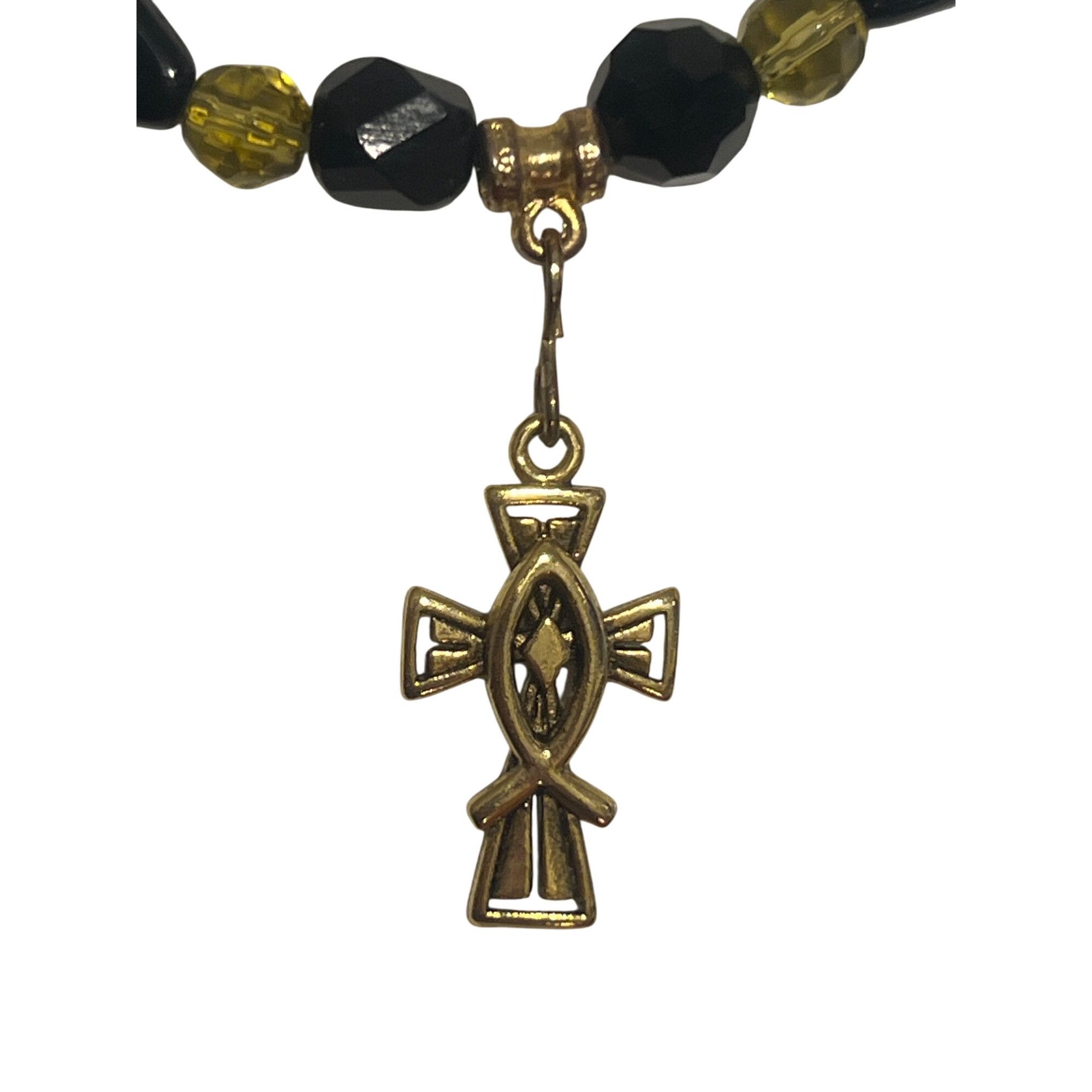 Other Vintage Black Gold Glass Bead Necklace Cross Pendant Toggle Size ONE SIZE - 2 Thumbnail
