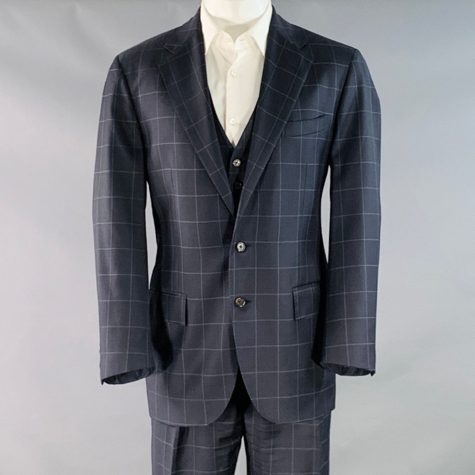 Polo Ralph Lauren Size 40 Regular Navy Grey Checkered Virgin Wool 3 Piece Suit Size 40R - 1 Thumbnail