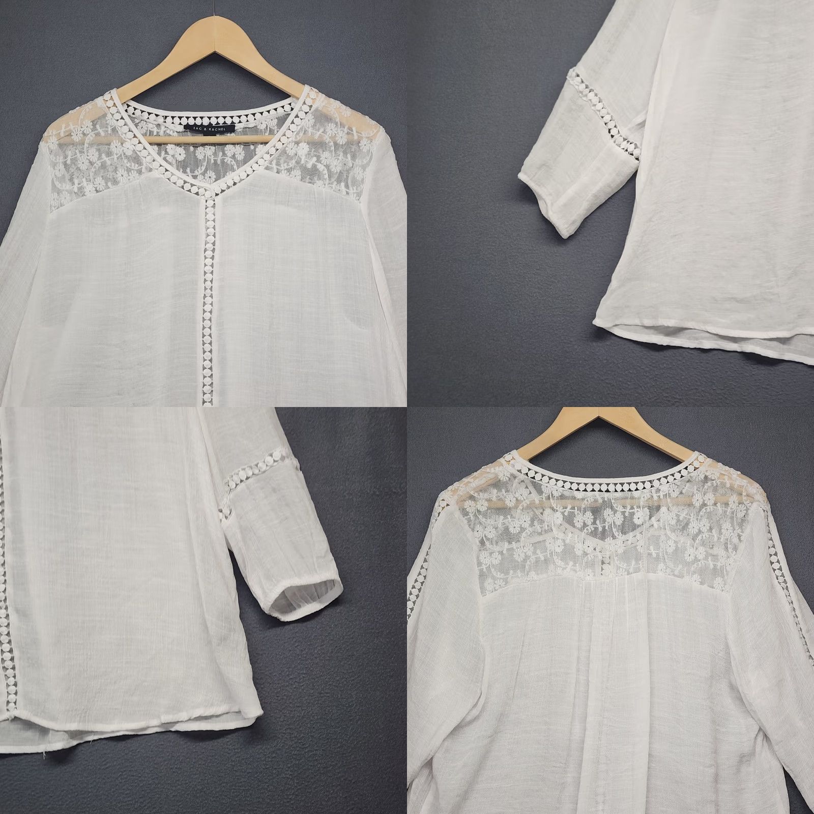 Vintage Zac & Rachel Blouse Womens Large Boho White Cream Crochet Trim Peasant Top 3/4 Sleeve L Size L / US 10 / IT 46 - 8 Thumbnail