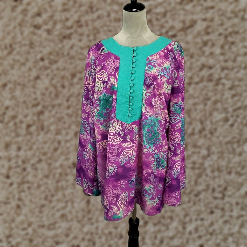 Vintage Maggie Barnes Top Womens 1X Purple Blue Half Button Up Popover Floral Tunic READ Size XL / US 12-14 / IT 48-50 - 1 Thumbnail