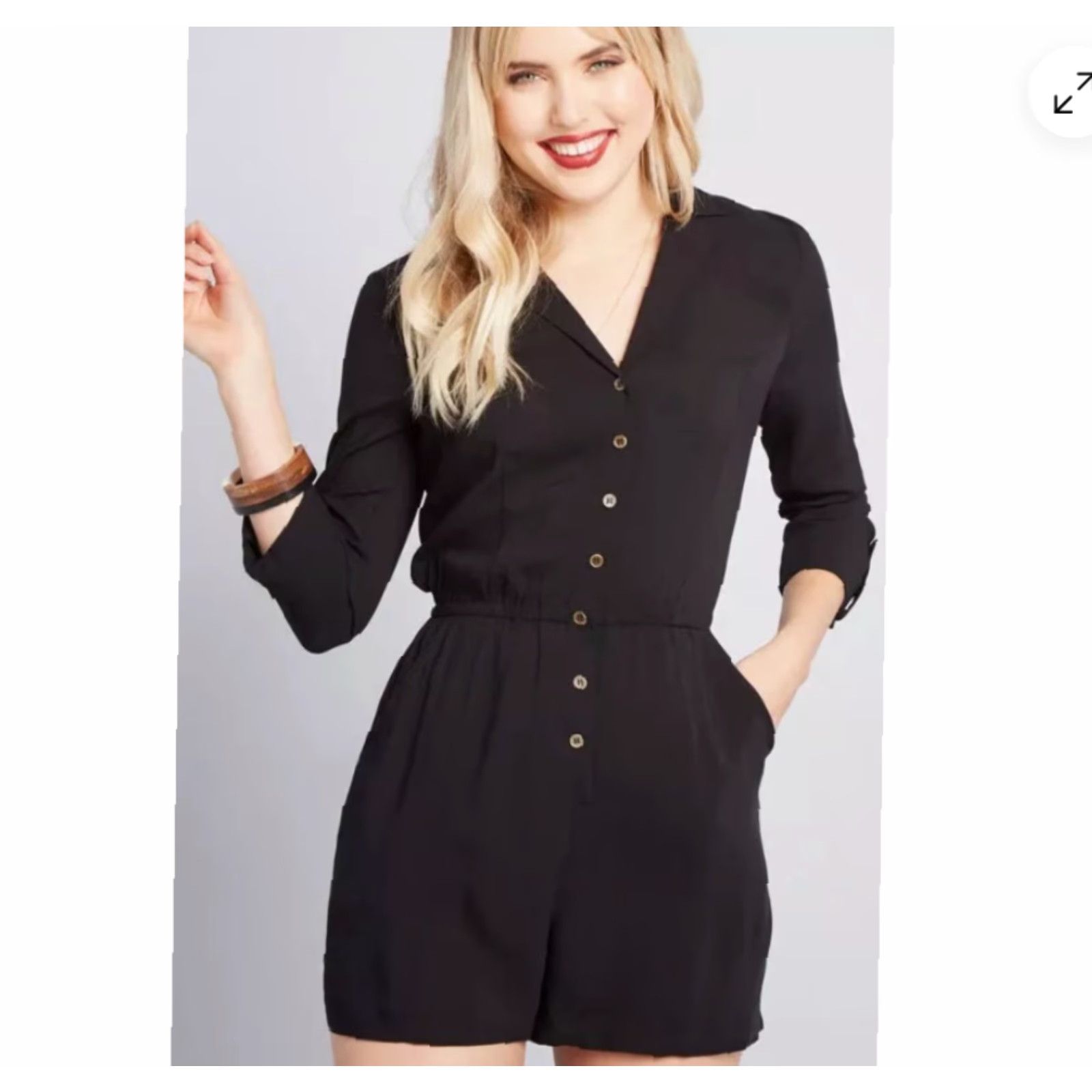 Vintage Modcloth Womens Romper So Field With Joy Roll Tab Sleeve Black Size L Size 36" / US 14 / IT 50 - 2 Thumbnail