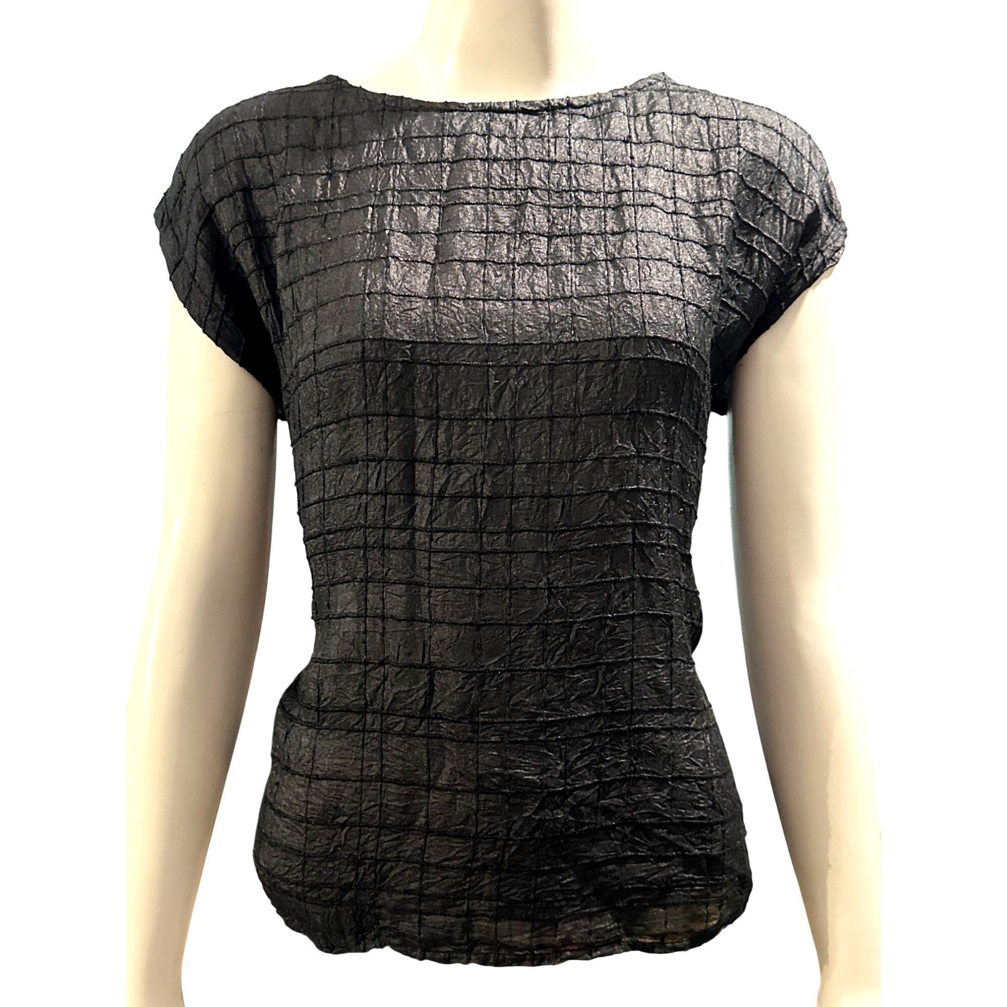 Other Royal Silk Vintage Large Black 100% Silk Crinkle Grid Blouse Size L / US 10 / IT 46 - 2 Thumbnail