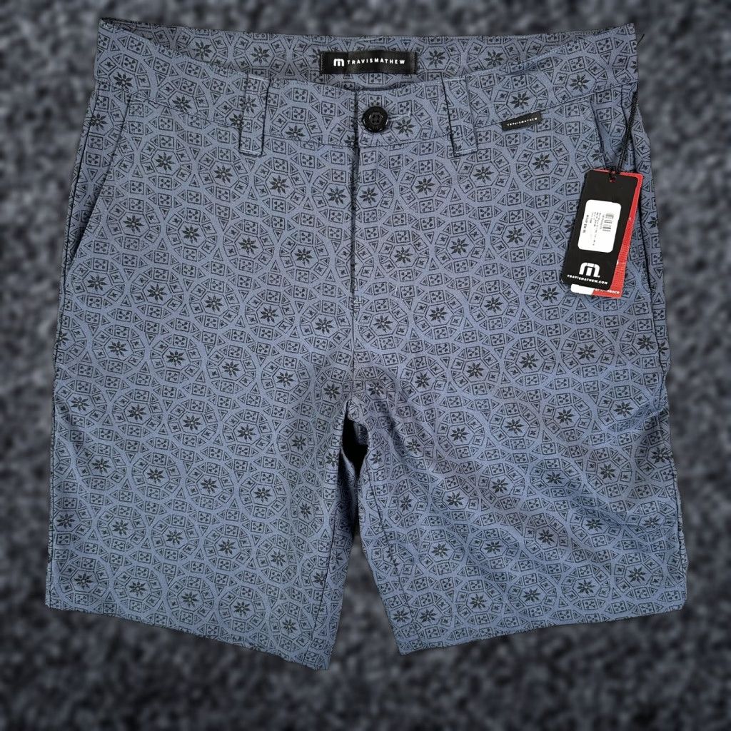 TravisMathew Travis Mathew Beyond The Limits Mens 30 Blue Geometric Chino Shorts Golf Stretch Waist 30 Inseam 10" Regular Front Zip Pockets Logo Size US 30 / EU 46 - 1 Thumbnail