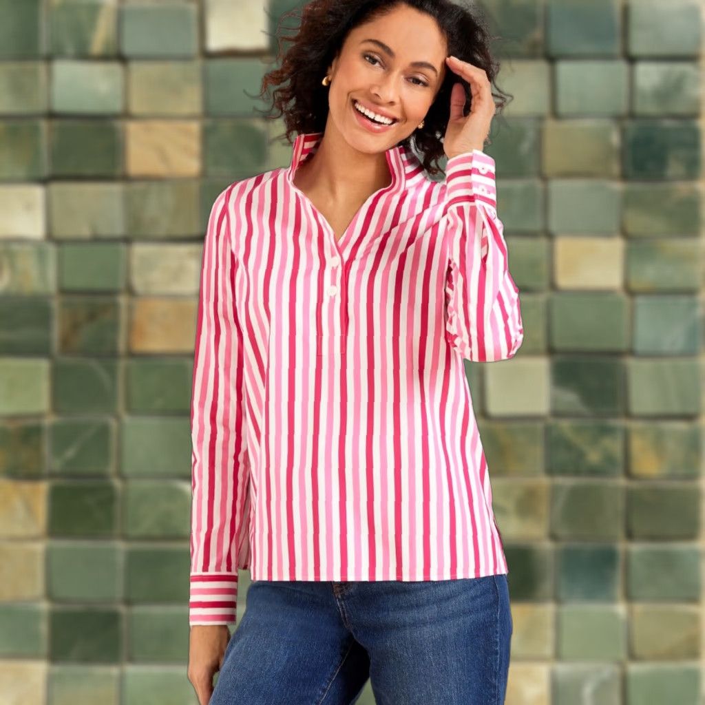 Talbots Talbots Shirt Striped Button-Up Women Small White Cozy Classic Preppy 90s Talbots Joyful Non-iron Popover Printed Long Sleeve Shirt Small Pink Size S / US 4 / IT 40 - 1 Thumbnail