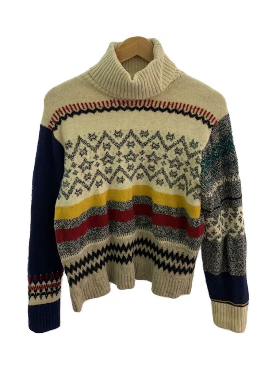 image of Yohji Yamamoto Nordic Stripe Pattern Turtleneck Wool Knit Sweater in Beige, Men's (Size Large)