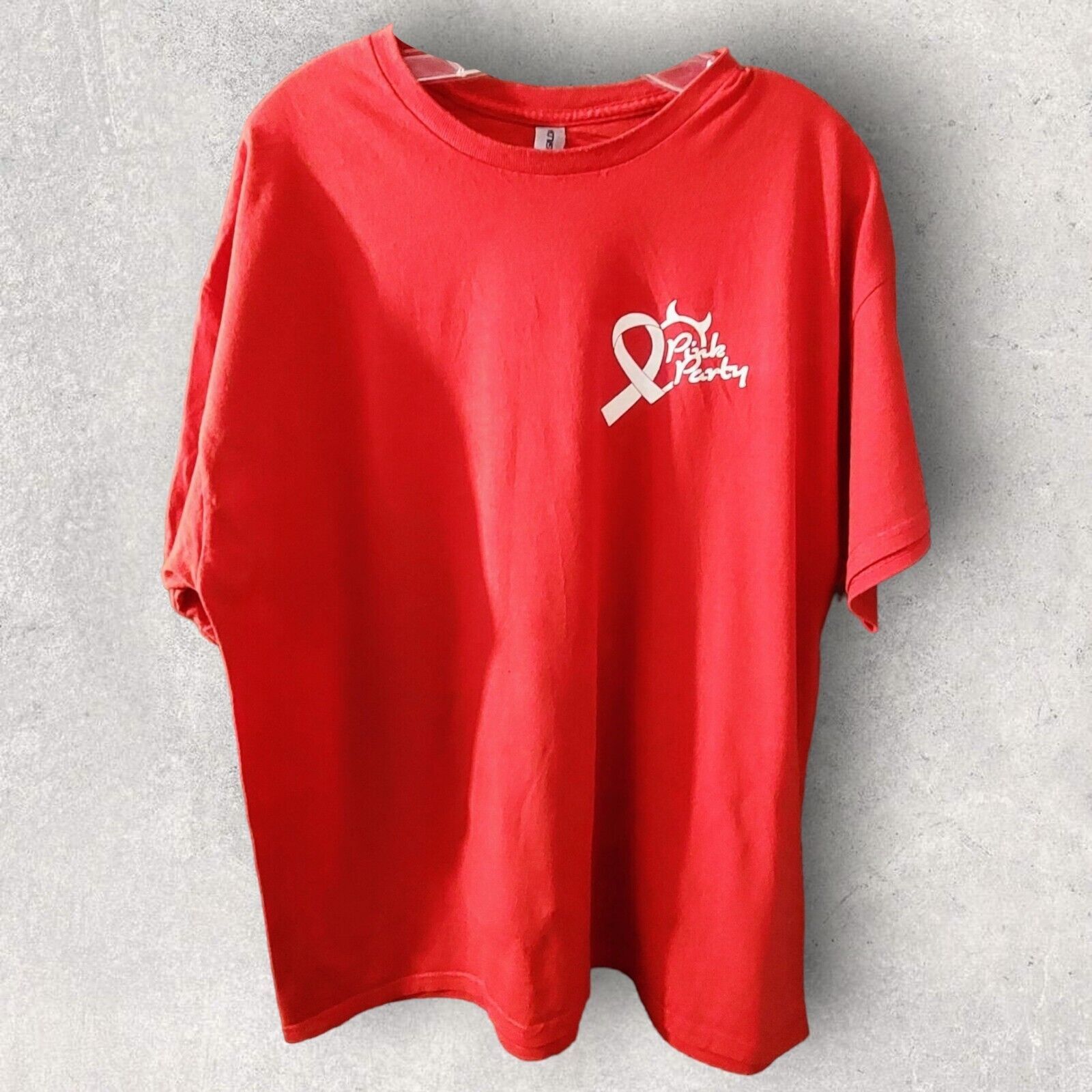 Gildan Men's Red 'Pink Party' Breast Cancer Awareness T-Shirt | Size US XL / EU 56 / 4 - 1 Thumbnail