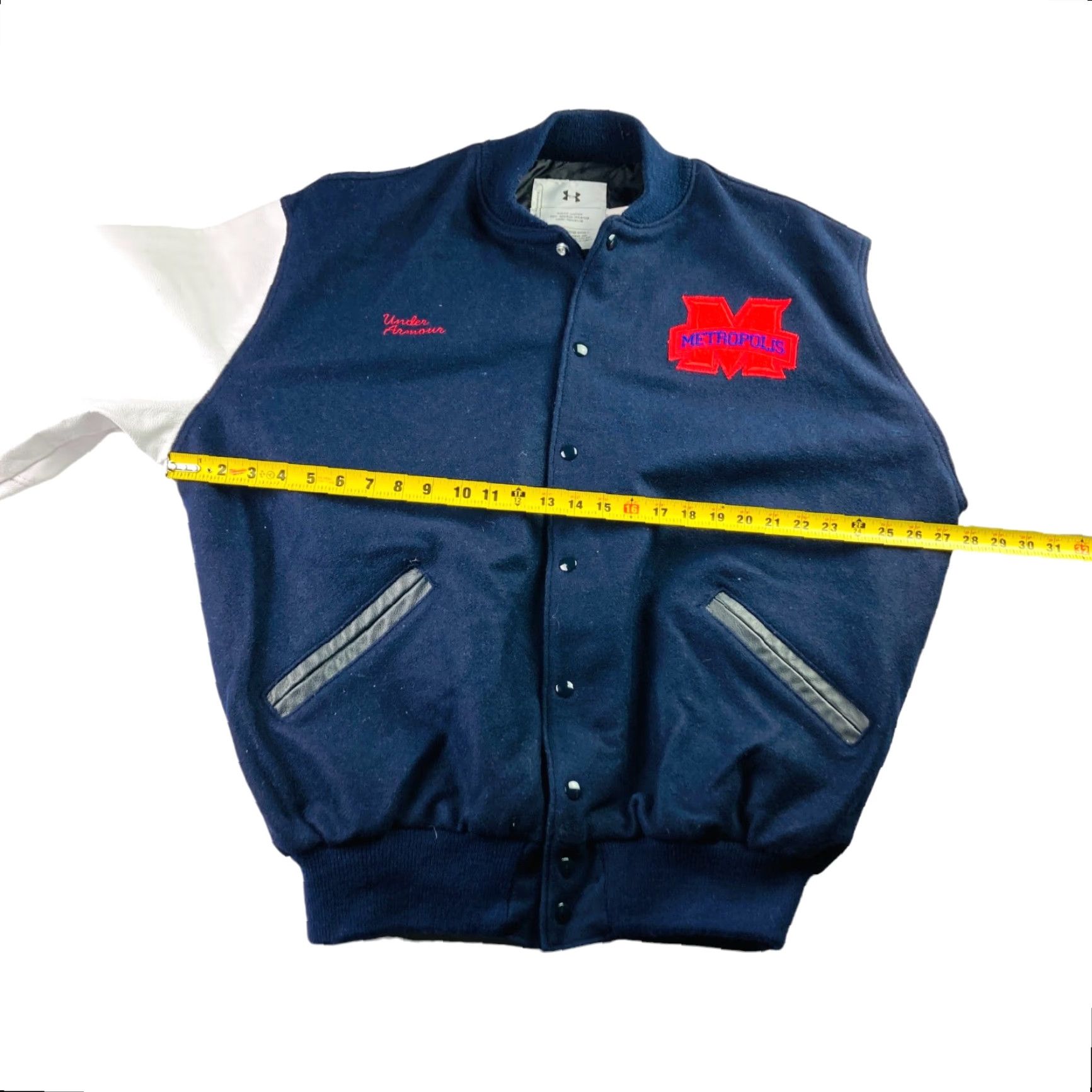 Under Armour Under Armour Metropolis Alter Ego Varsity Jacket Navy/White 2XL Mens Wool/Nylon Snap Button Pockets Leather Arms Regular Size Guide Size US XXL / EU 58 / 5 - 5 Thumbnail