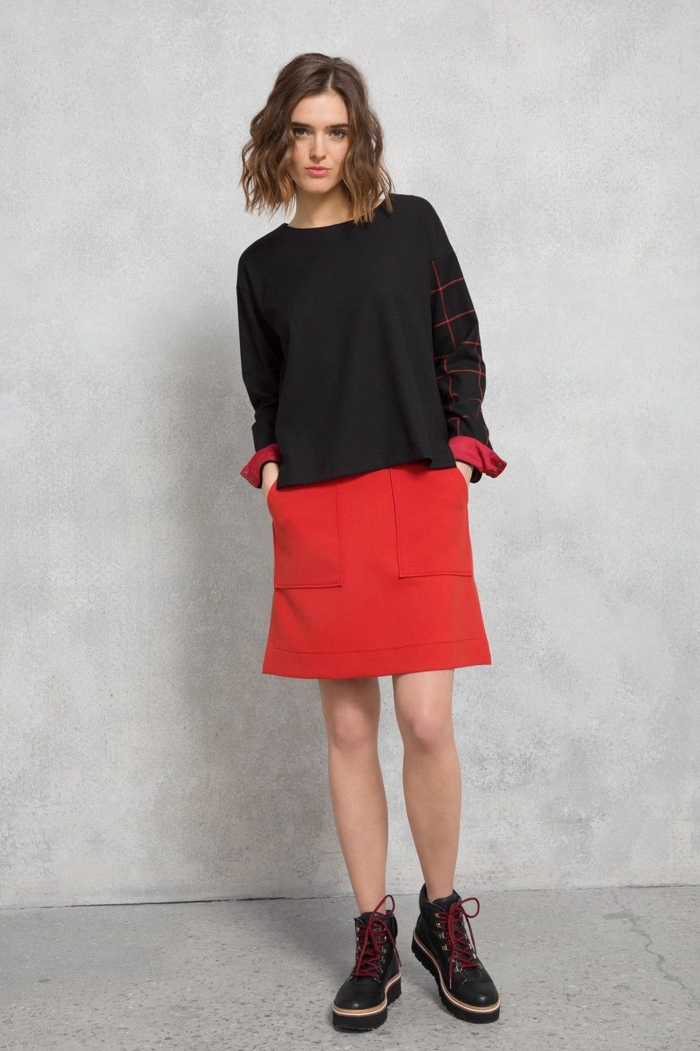 Cop Copine Cop Copine Black Knok Top with Red Checked Sleeve and Cuffs Size S / US 4 / IT 40 - 3 Thumbnail