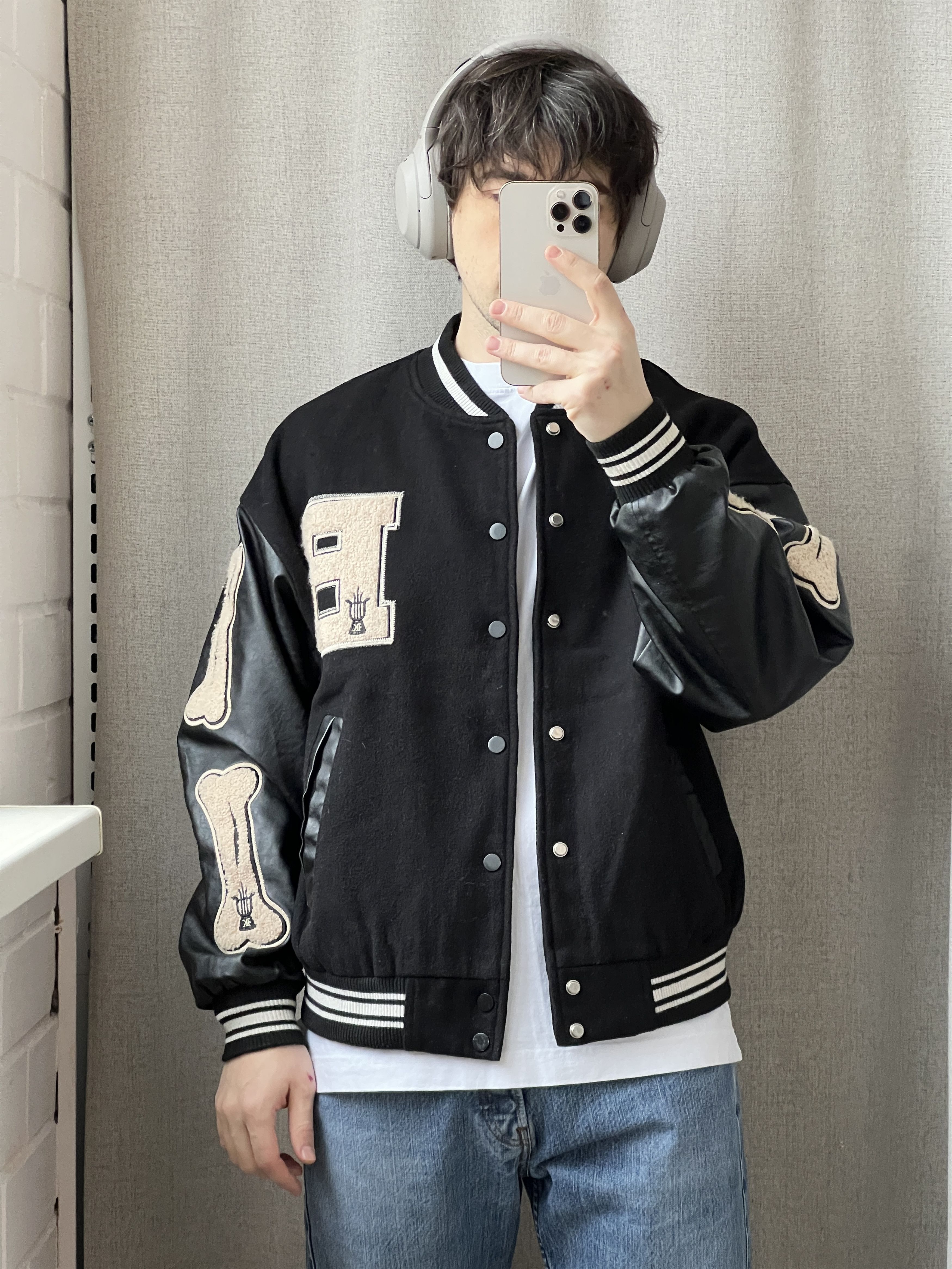 Japanese Brand Y2K Bomber Varsity Jacket Wool Leather Bones Embroidery Size US M / EU 48-50 / 2 - 4 Thumbnail