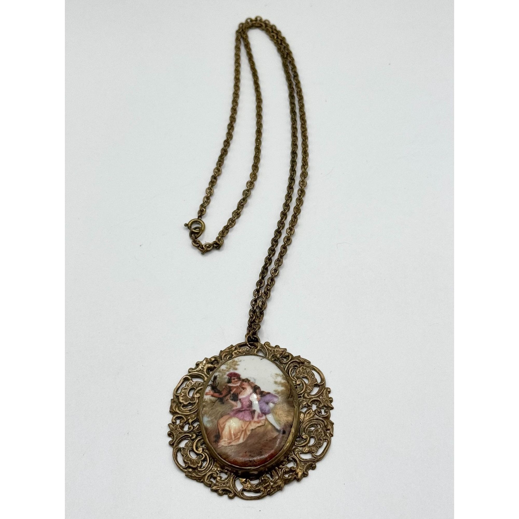 Antique old Victorian Courting Couple bezel set porcelain br