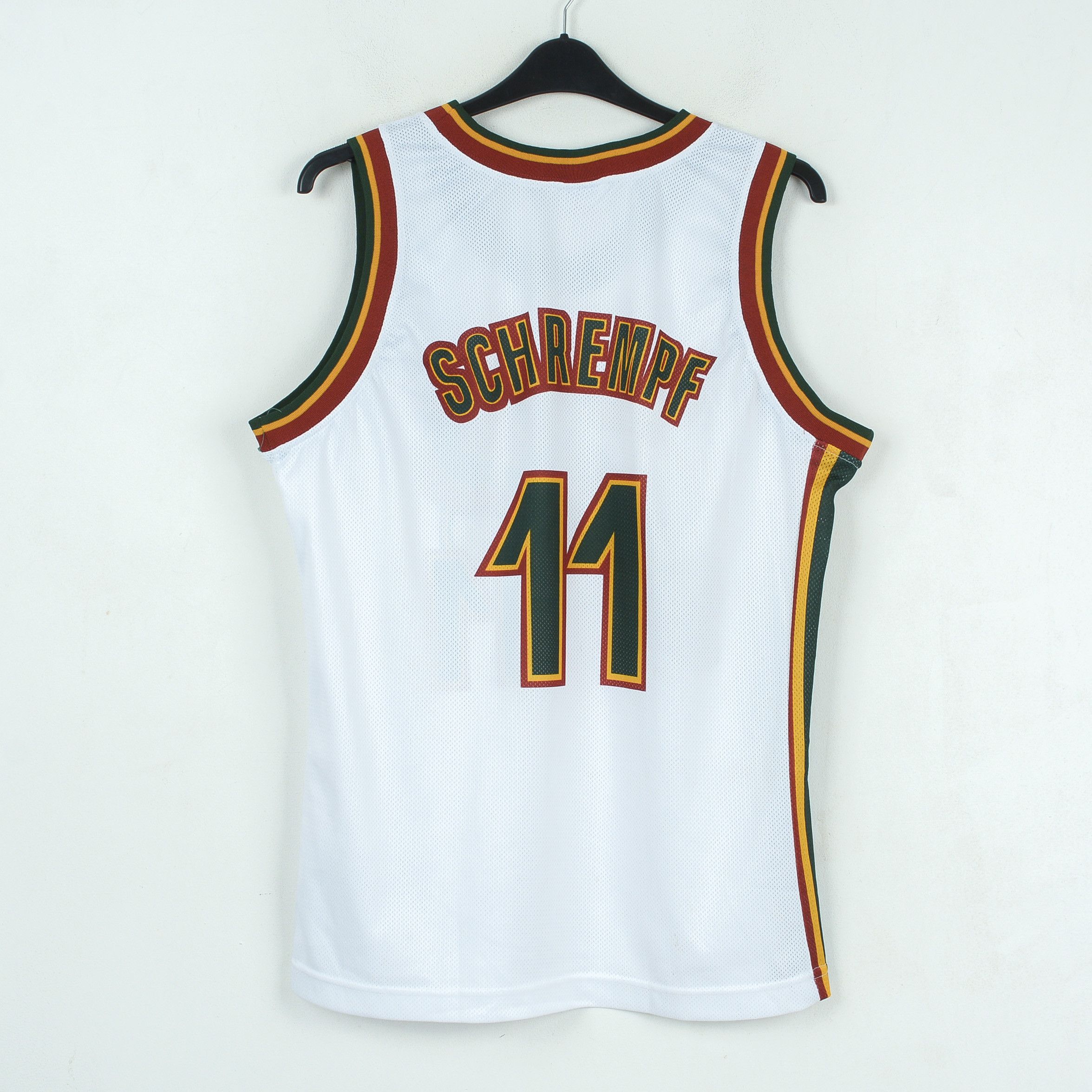 image of Champion x NBA Seattle Supersonics L Basketball Jersey Shirt 11 Schrempf in White (Size Large)