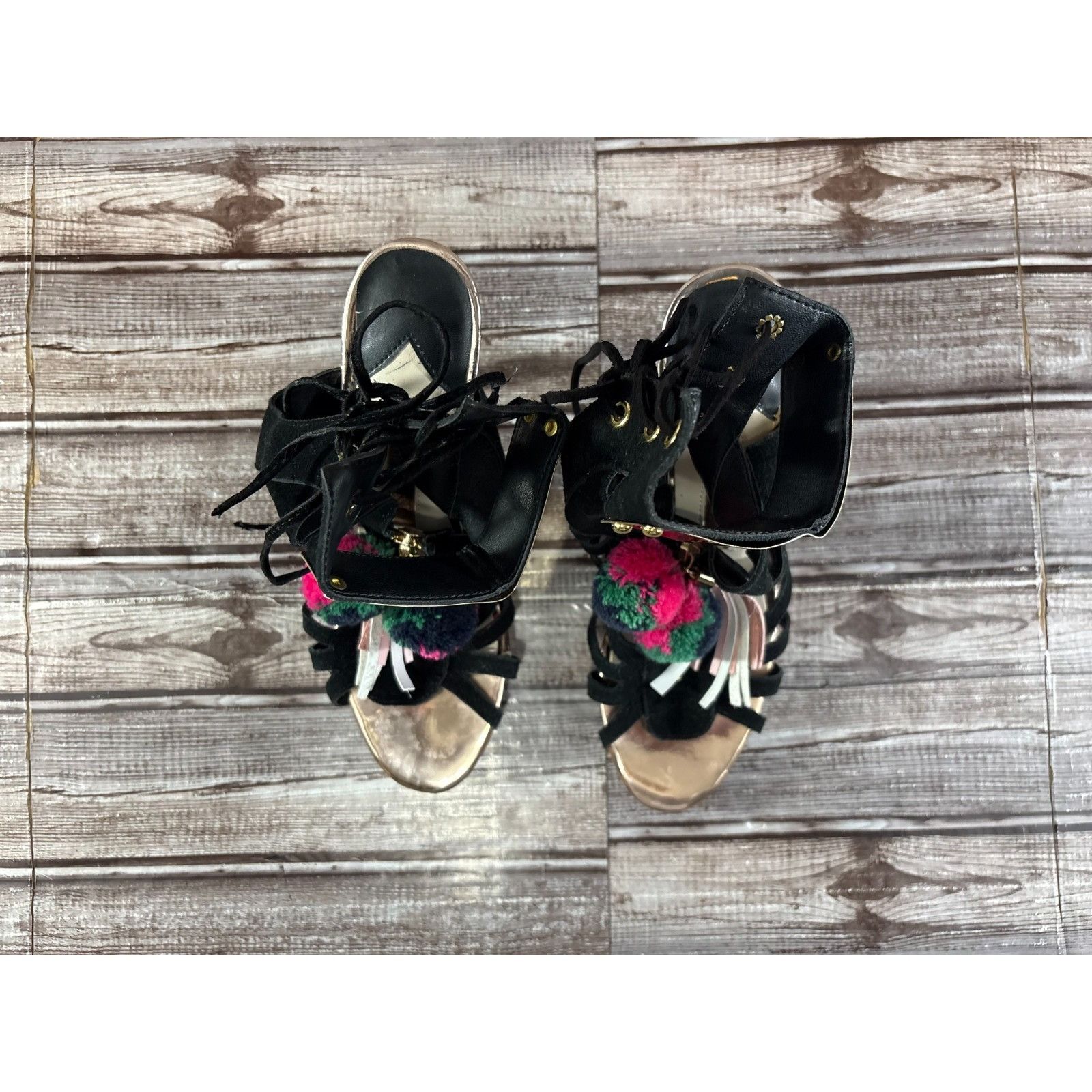 Sophia Webster Sophia Webster Gold Mirrored Leather Yasmina Pom Pom Sandals Size US 7 / IT 37 - 8 Thumbnail