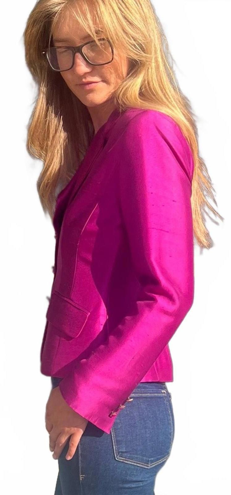 Bloomingdale's 80s Bloomingdale’s 2P Magenta Silk Blazer Rhinestone Buttons Size XS / US 0-2 / IT 36-38 - 4 Thumbnail