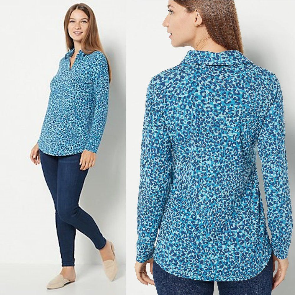 Isaac Mizrahi New Isaac Mizrahi Printed Split-Neck Collared Blue Long Sle Size XXL / US 16-18 / IT 52-54 - 1 Thumbnail