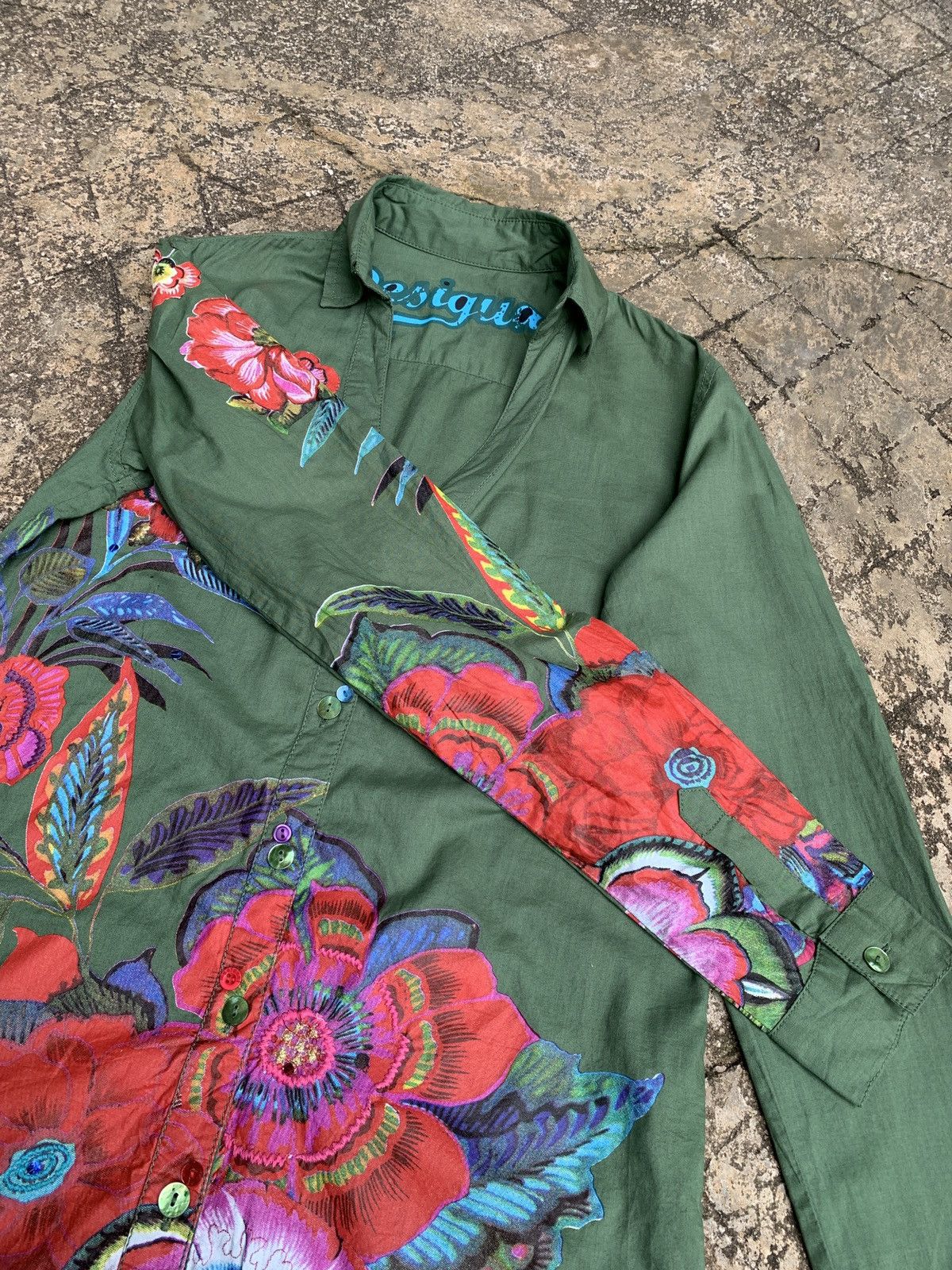 Desigual Desigual Spain Floral Graphic Green Army Shirt Size S / US 4 / IT 40 - 7 Thumbnail