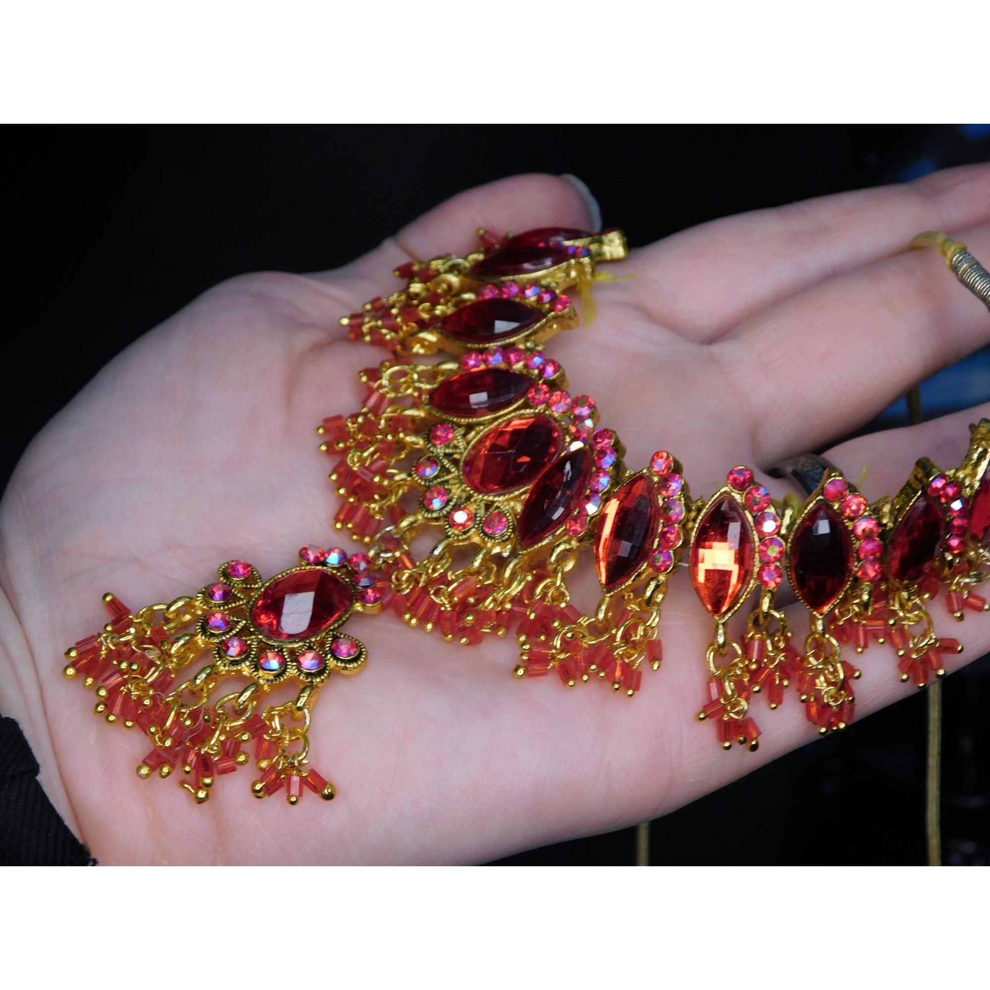 Other Indian Bridal Necklace Red Gem On Gold Tone Metal And Cord Size ONE SIZE - 5 Thumbnail
