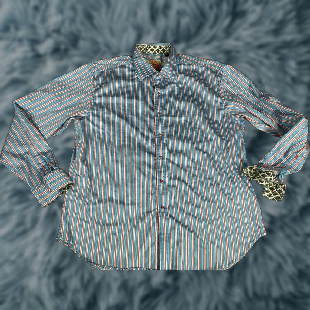 Robert Graham Robert Graham Mens Dress Shirt Long Sleeve Sz 2XL Aqua Orange Stripes Cuffs Size 48R - 1 Thumbnail