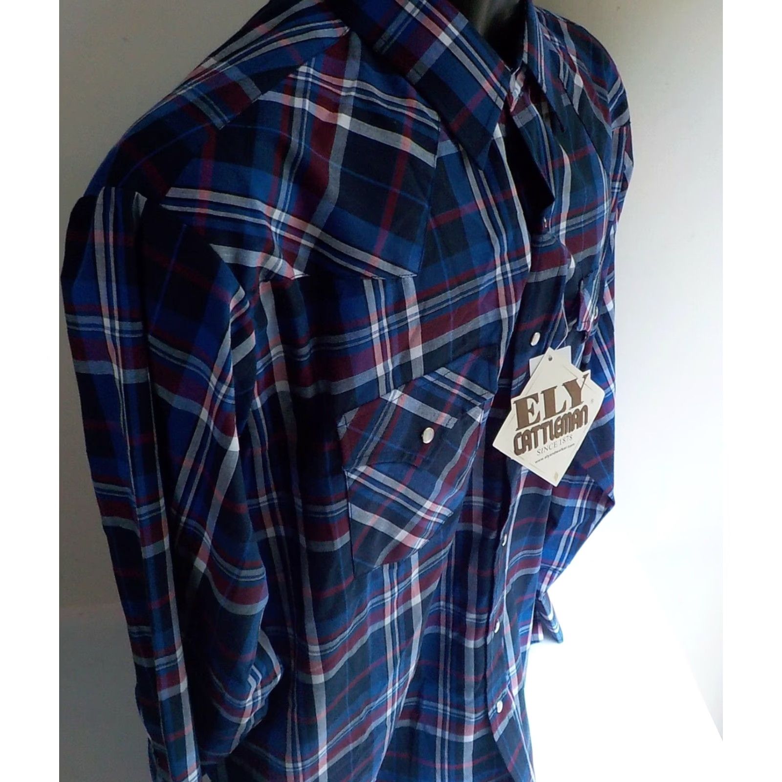Vintage ELY Cattleman Pearl Snap Western Shirt Mens XL Poly/Cotton NWT Red White Blue Black Plaid Button-Up Size US XL / EU 56 / 4 - 3 Thumbnail