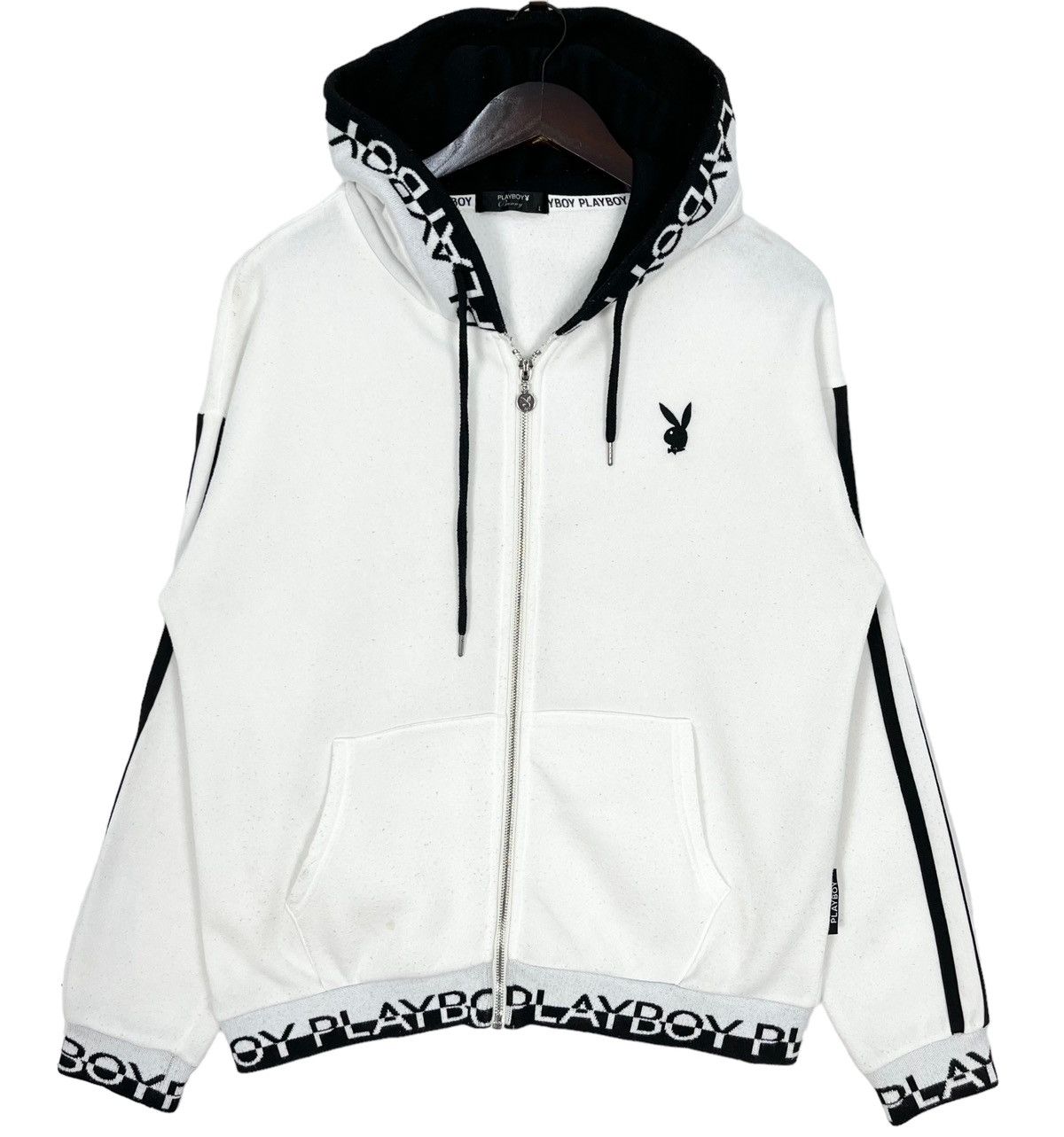 image of Playboy Bunny Zipper Hoodie Light Jacket in White, Men's (Size Large)