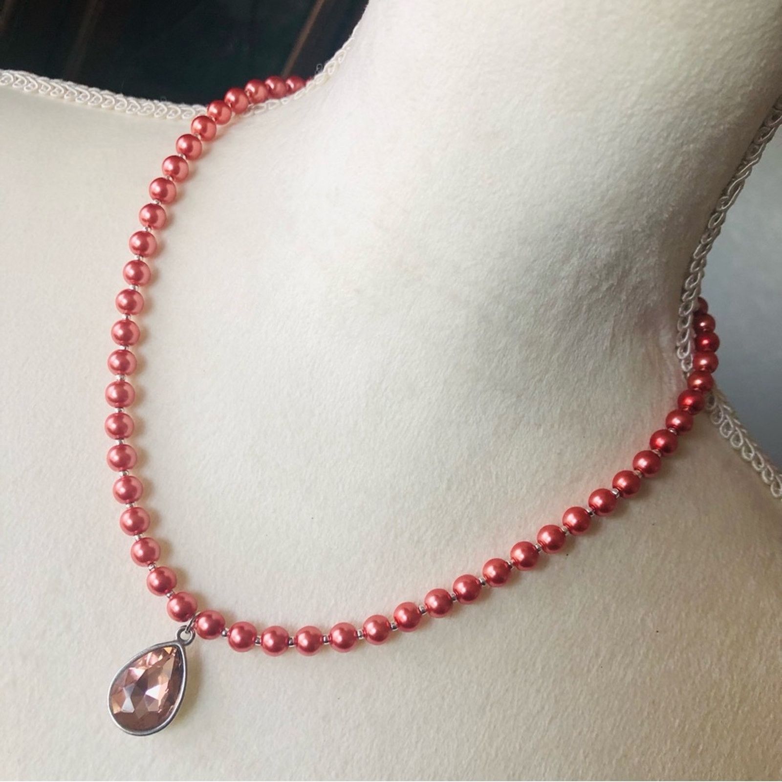 Handmade Handcrafted repurpose antique rose teardrop Pearl necklace Size ONE SIZE - 1 Thumbnail