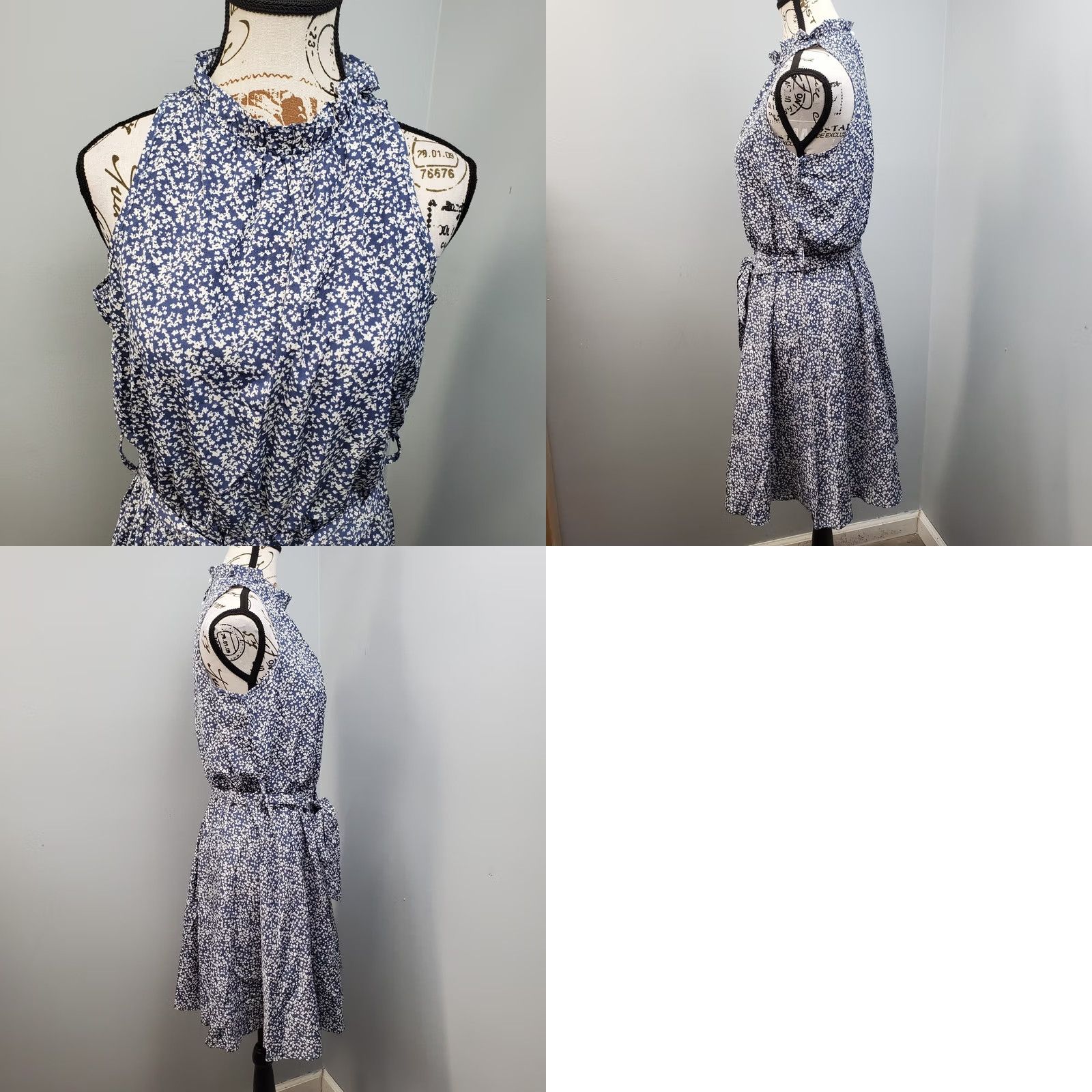 Vintage BTFBM Halter Dress Womens M Blue White Floral Sleeveless Belted Waist Swing Hem Dress Size M / US 6-8 / IT 42-44 - 8 Thumbnail