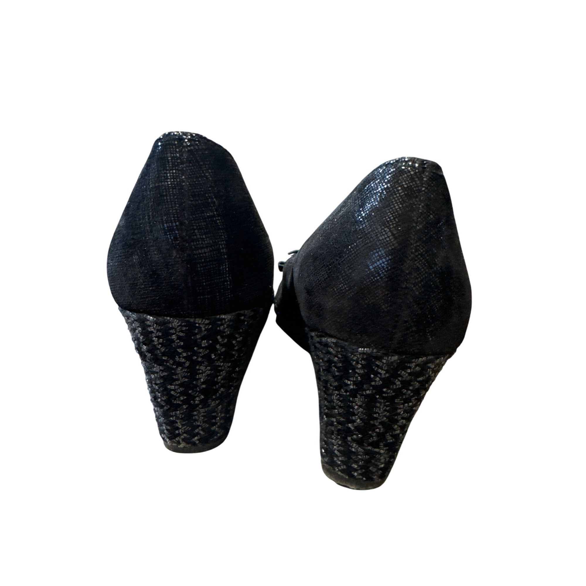 Designer J. Peterson Womens Black Leather Peep-Toe Wedge Heels Size 7 Size US 7.5 / IT 37.5 - 6 Thumbnail
