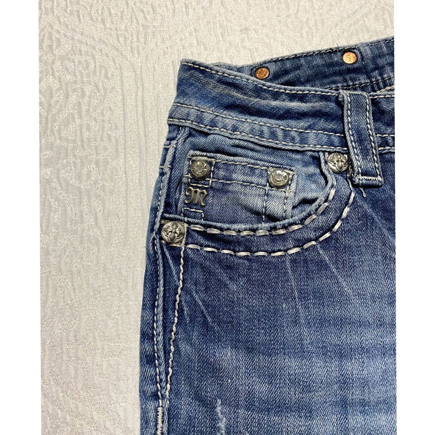 Miss Me Miss Me Relaxed Boot Jeans Blue 27 5-Pocket Denim Rhinestone Embellished Distressed Bootcut Y2K Bling Women Mens Size 27" / US 4 / IT 40 - 4 Thumbnail