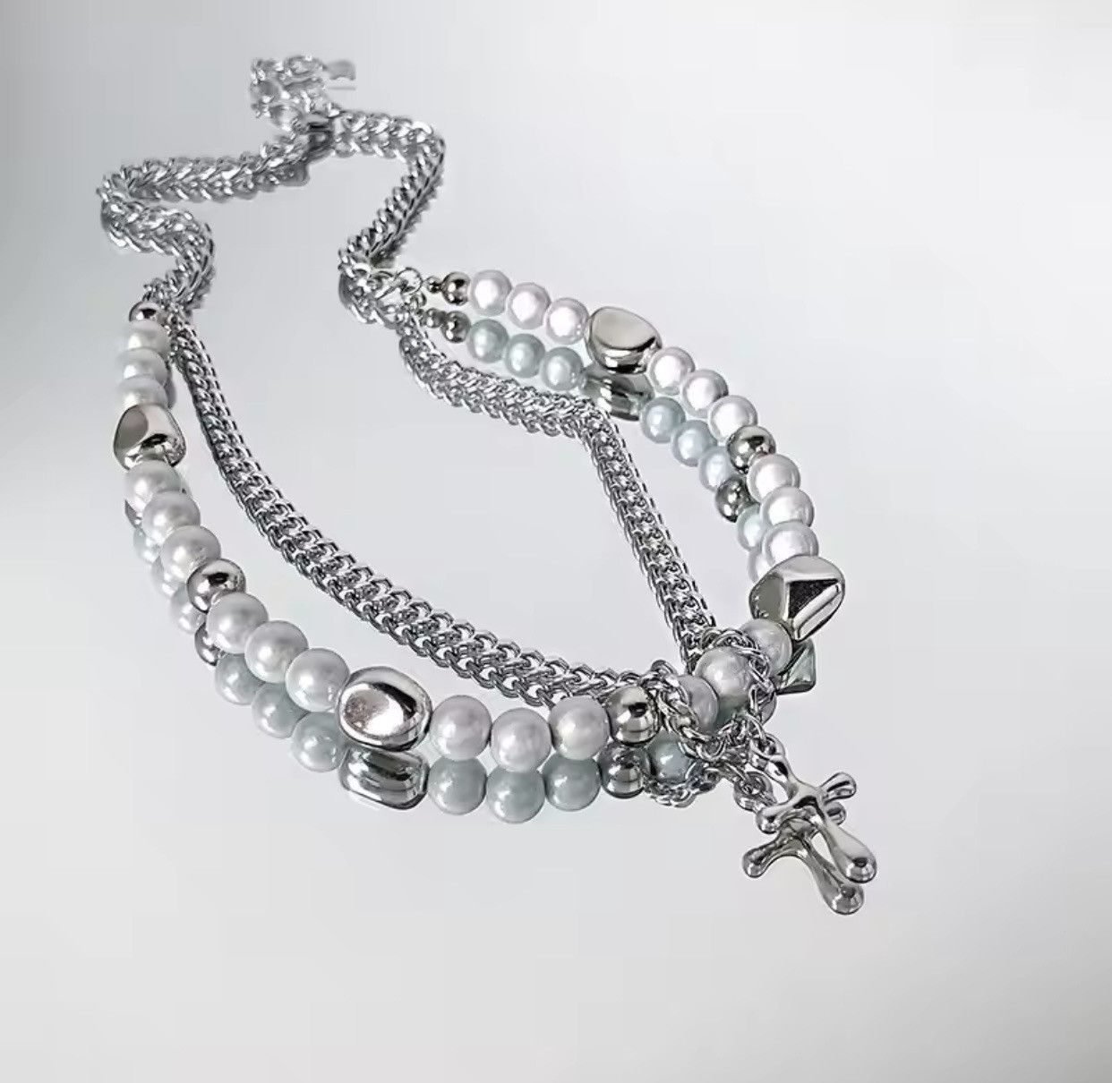 Jewelry × Vintage Hip Hop Double Layered Pearl Cross Necklace Size ONE SIZE - 2 Thumbnail