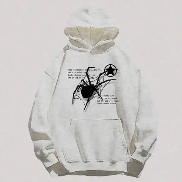 image of Vintage American Retro Spider Printed Top Hoodie in White, Men's (Size Medium)