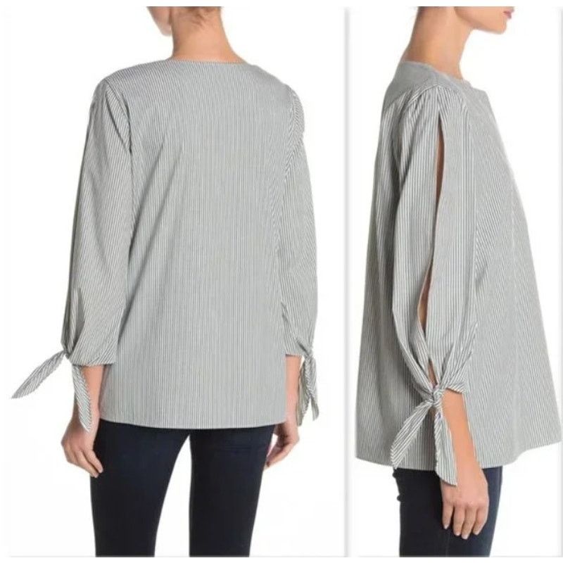 Lafayette 148 Lafayette 148 Khloe Striped Split Sleeves w/Ties Tunic Top L Size L / US 10 / IT 46 - 2 Thumbnail