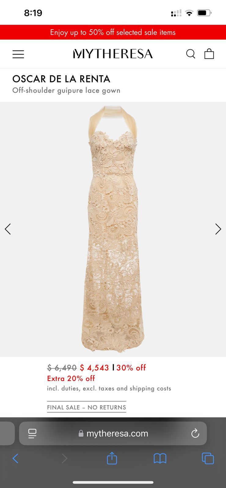 Oscar De La Renta OSCAR DE LA RENTA Off Shoulder Guipure Lace Gown Size M / US 6-8 / IT 42-44 - 2 Thumbnail