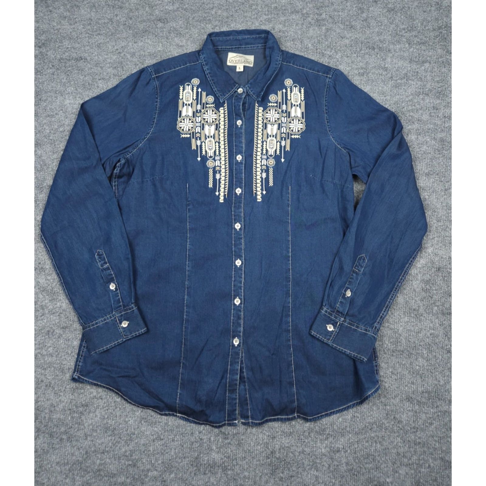 Denime Overland Chambray Denim Embroidered Shirt Women's Large Blue Button Up Western Shirt Size L / US 10 / IT 46 - 2 Thumbnail