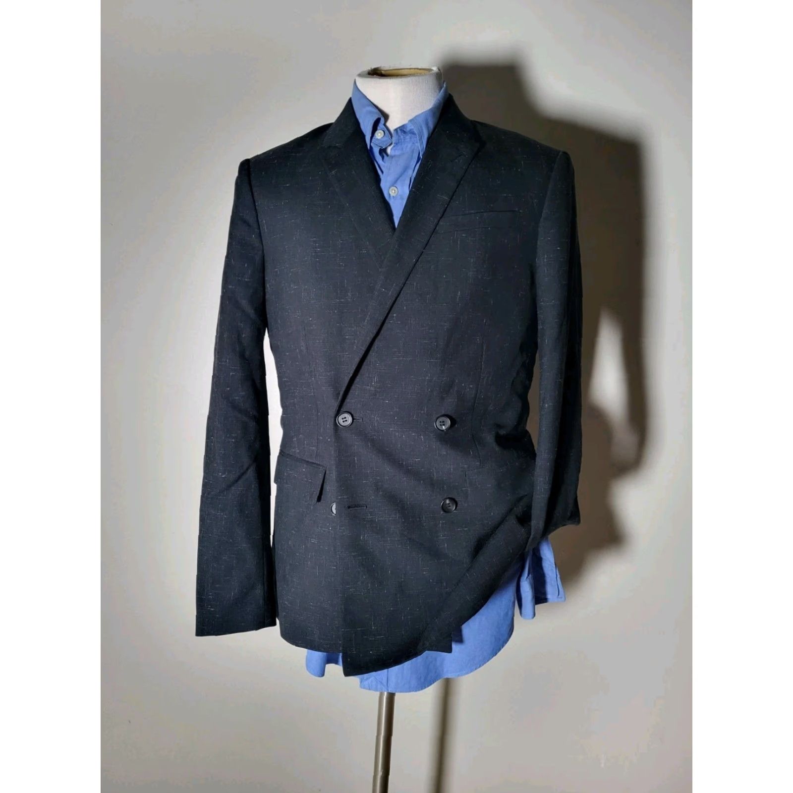 AllSaints 36R Double Breasted Blazer Jacket Coat Men Slim Wool Mohair Black Fleck Slub Peak Lapel Four-Button 360