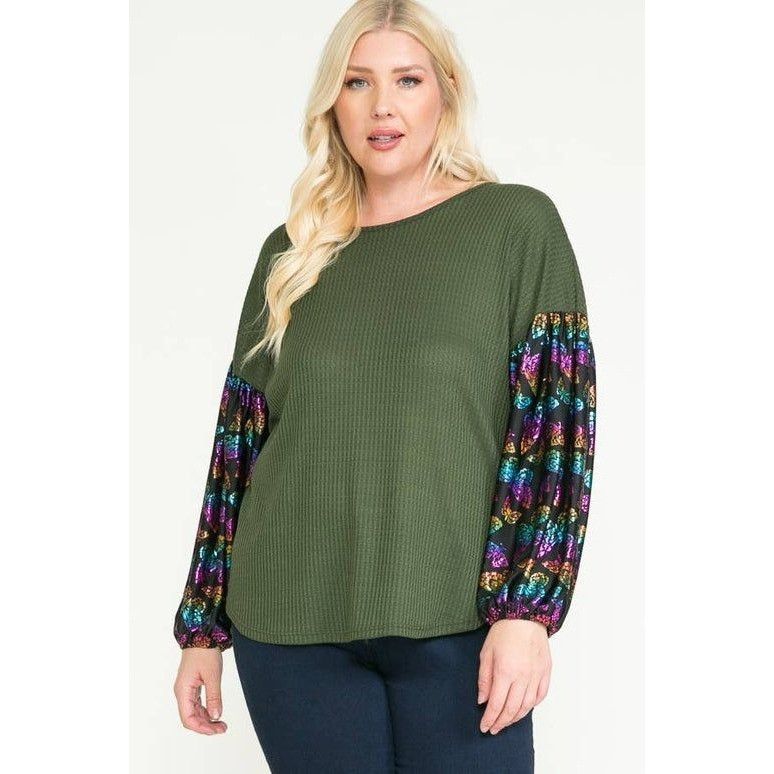 Other Plus Size Olive Knit Top With Multicolor Floral Balloon Slee Size XXL / US 16-18 / IT 52-54 - 1 Preview