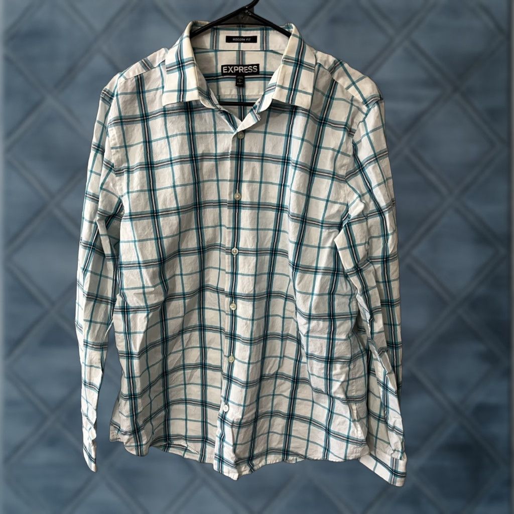 Express Express Button-Front Shirt Mens Large Modern Fit White Blue Plaid Check Shirt Size US L / EU 52-54 / 3 - 1 Thumbnail