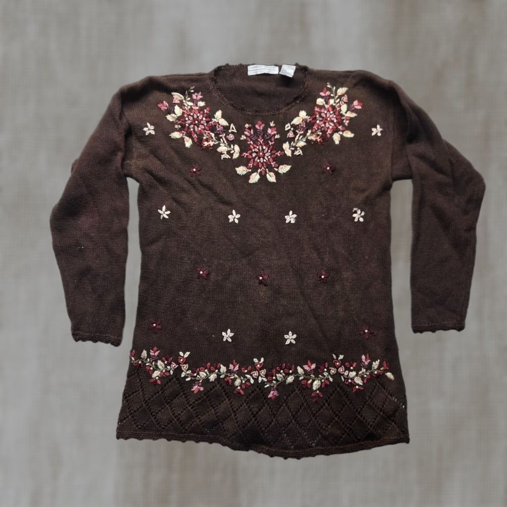Vintage Carolyn Taylor Sweater Shirt Adult Women S Brown Floral 3/4 Sleeve V-Neck Pullover Women’s Small Floral Heavyweight Size S / US 4 / IT 40 - 1 Thumbnail
