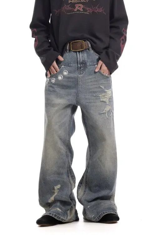 Jean Vintage Washed Distressed Splicing Flared Jeans Size US 30 / EU 46 - 2 Thumbnail