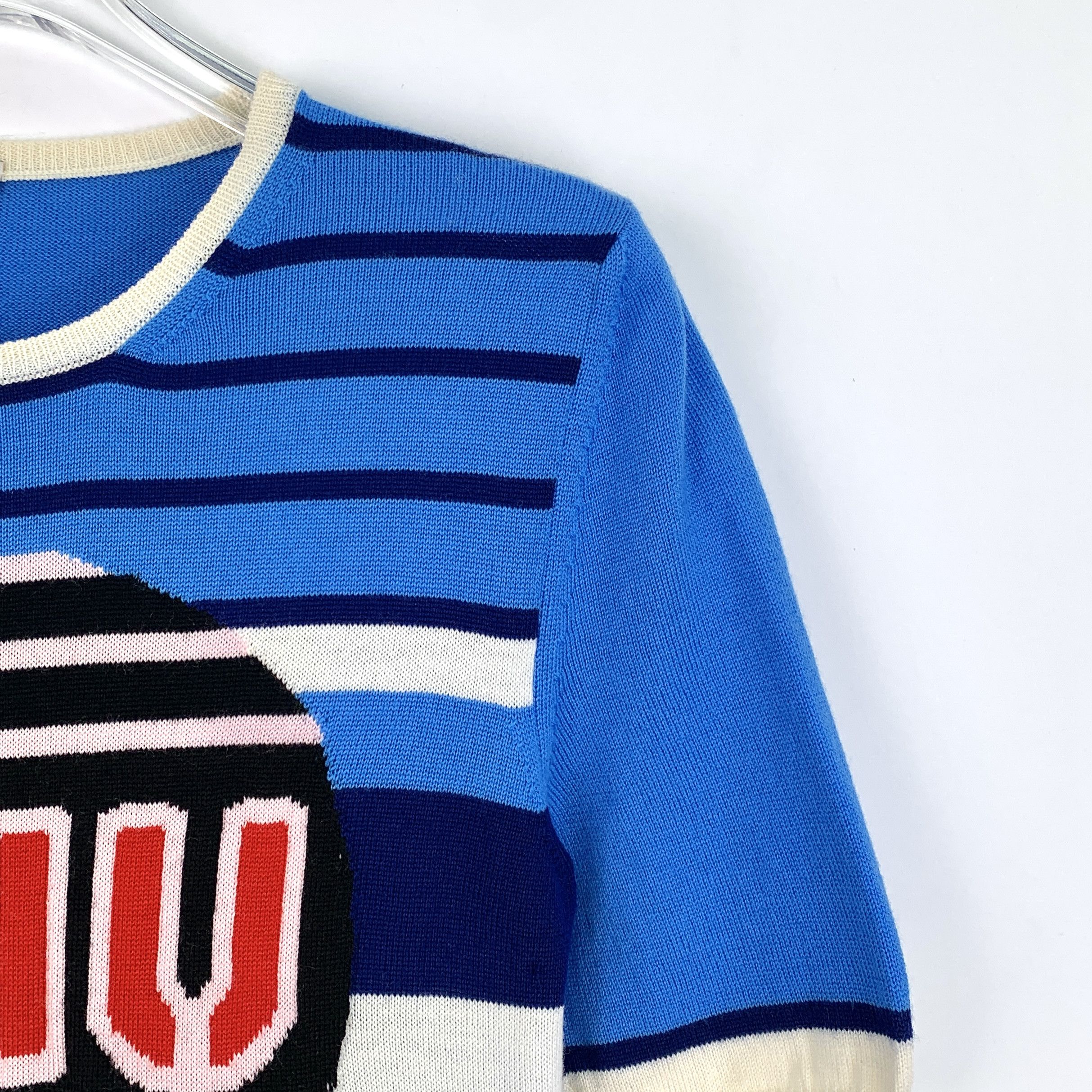 Miu Miu Miu Miu Blue Logo Stripe Intarsia Knit T-Shirt (Size S) Size XS / US 0-2 / IT 36-38 - 7 Thumbnail