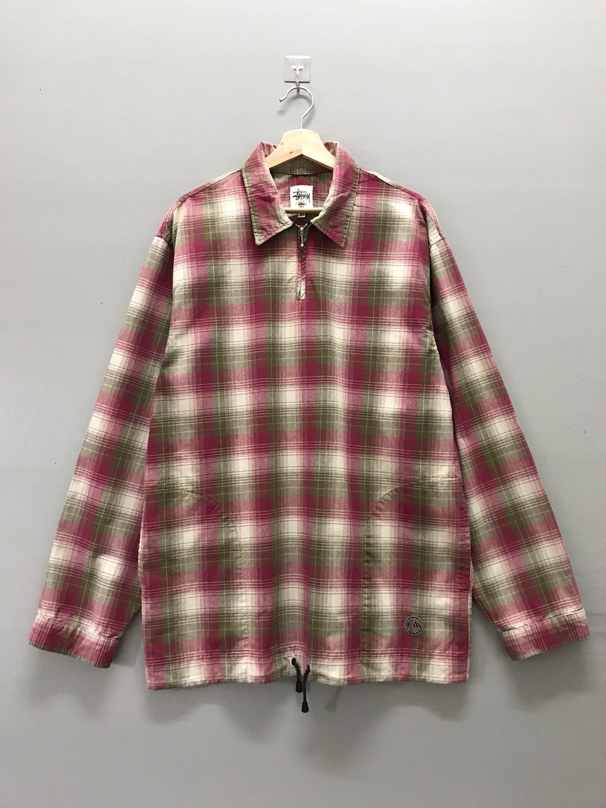 Stussy Early 90s Green Magenta Plaid Zip Up Work Jacket (~L