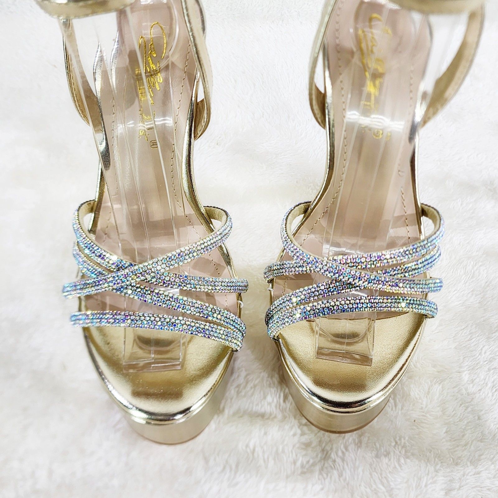 Other Gold Platform 6" High Heels Ankle Wrap Shoes Rhinestones Size US 6.5 / IT 36.5 - 7 Thumbnail
