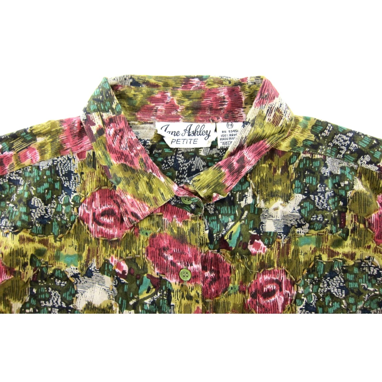 Pinko VTG Jane Ashley Blouse Pink Green Floral Long Sleeve Button Up Beaded Rayon PM Womens Vintage Blouse Size M / US 6-8 / IT 42-44 - 4 Thumbnail