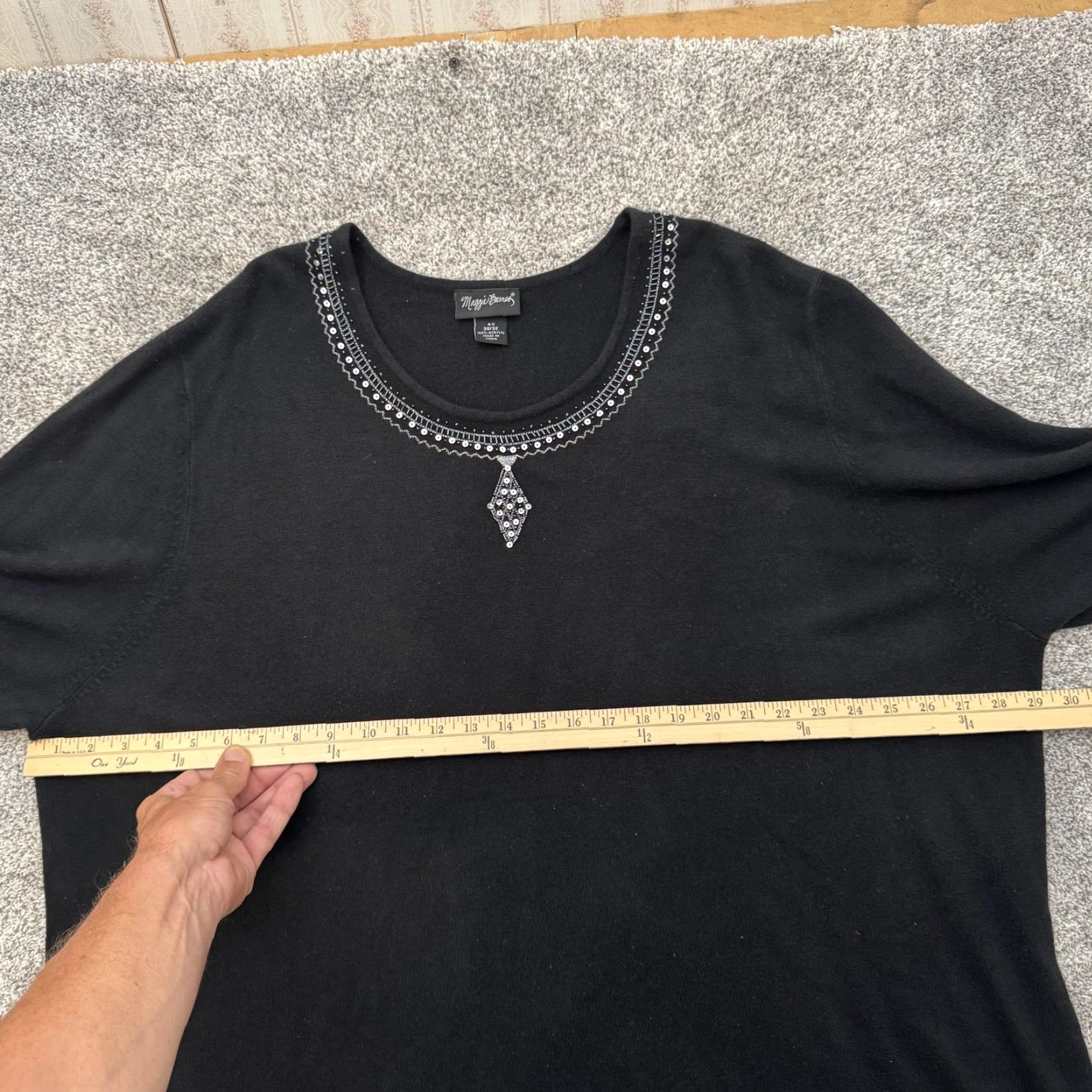 Vintage VINTAGE Maggie Barnes Sweater 4X 30/32 Plus Sequins Beaded Necktie Glam Raglan Sleeve 3/4 Black Womens Pullover Knit Acrylic Holiday Retro 90s Glam Size XXL / US 16-18 / IT 52-54 - 4 Thumbnail